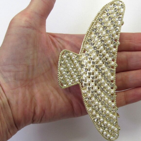 Fancy Dressy Gold Pearl & Rhinestone Hair Clip Jaw Clip Hair Claw Wedding Formal - Picture 5 of 6